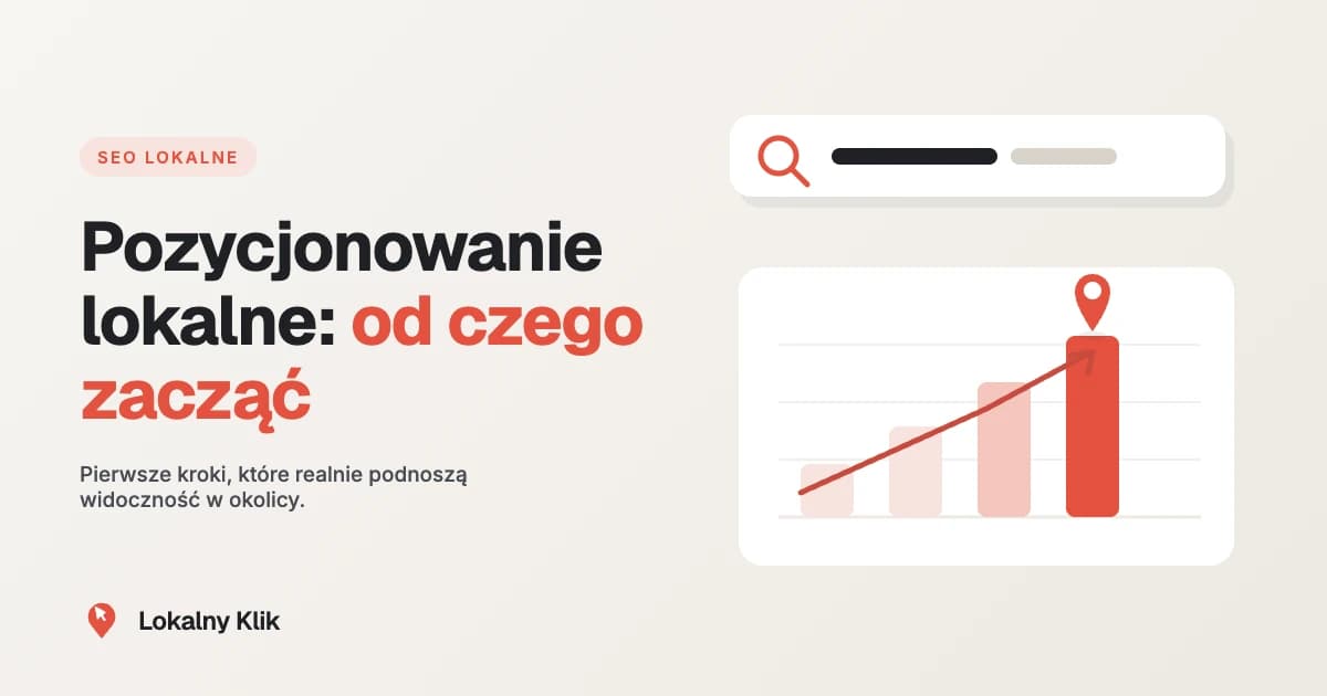 Pasek wyszukiwarki z lupą i frazą lokalną nad rosnącymi słupkami z koralową strzałką wzrostu i pinezką na szczycie, obrazujący wzrost widoczności w SEO lokalnym.