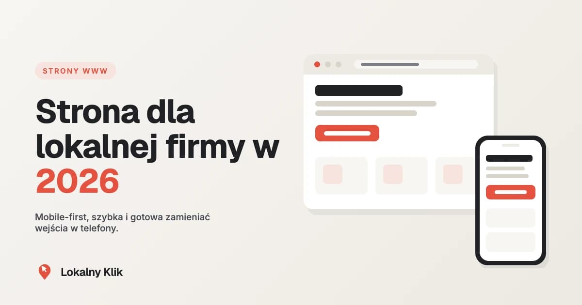 Makieta okna przeglądarki ze stroną lokalnej firmy i koralowym przyciskiem CTA, obok telefon z tą samą stroną w wersji mobilnej.