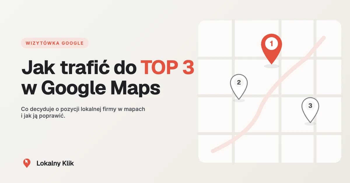 Stylizowana mapa z trzema pinezkami ułożonymi w ranking, pierwsza wyróżniona coralem z numerem 1, ilustrująca walkę o miejsce w TOP 3 Google Maps.