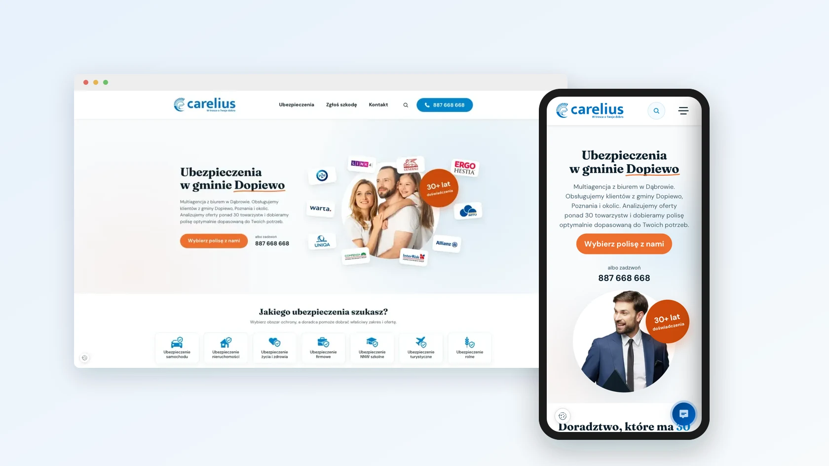 Carelius Ubezpieczenia - ta sama strona na komputerze i telefonie (responsywność)