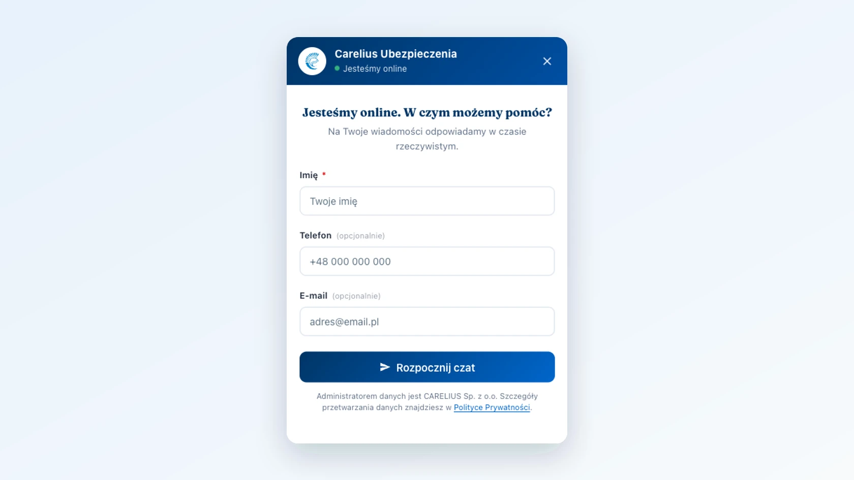 Carelius Ubezpieczenia - live chat w trybie online, rozmowa w czasie rzeczywistym