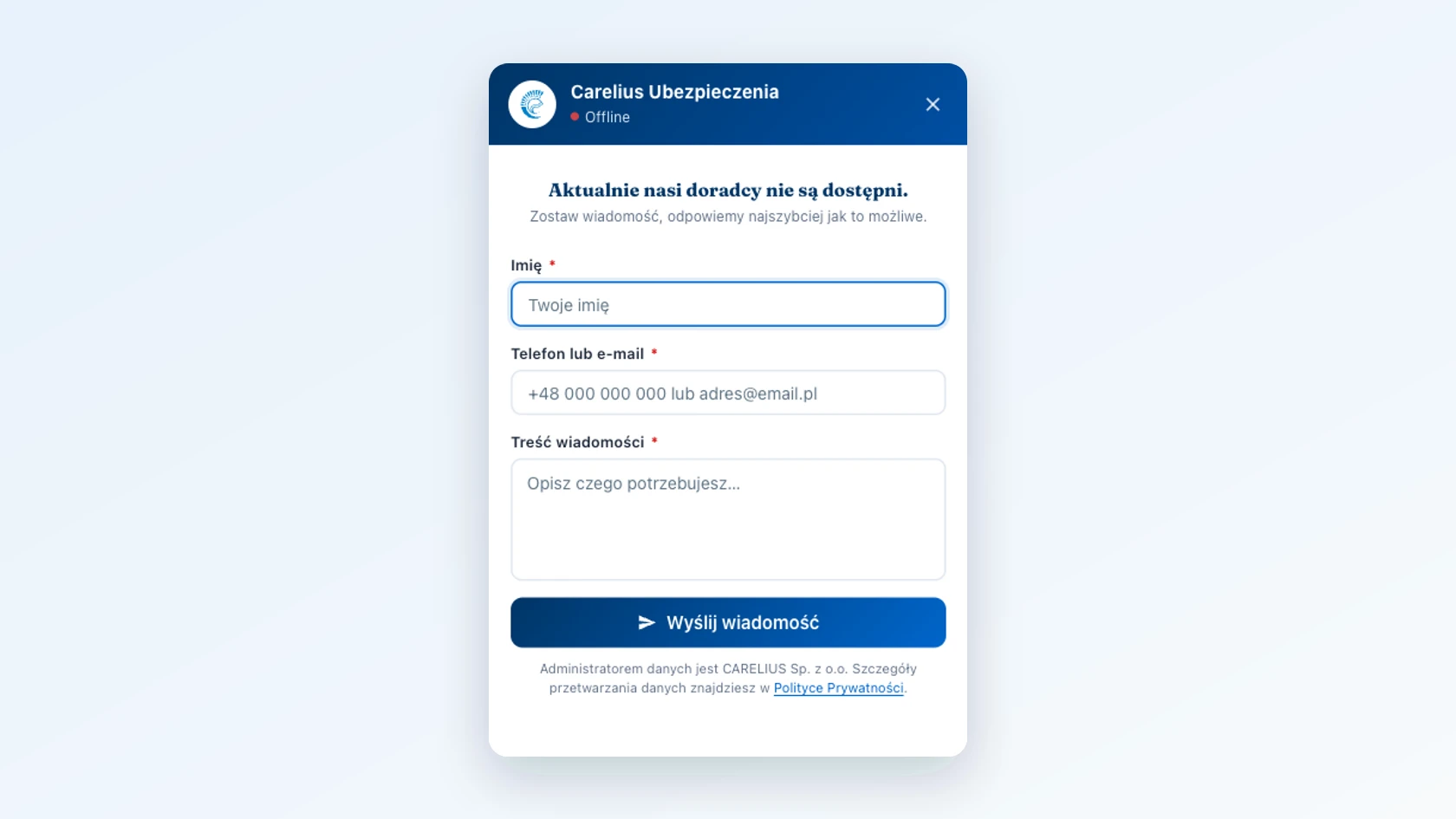 Carelius Ubezpieczenia - live chat w trybie offline, formularz wiadomości po godzinach
