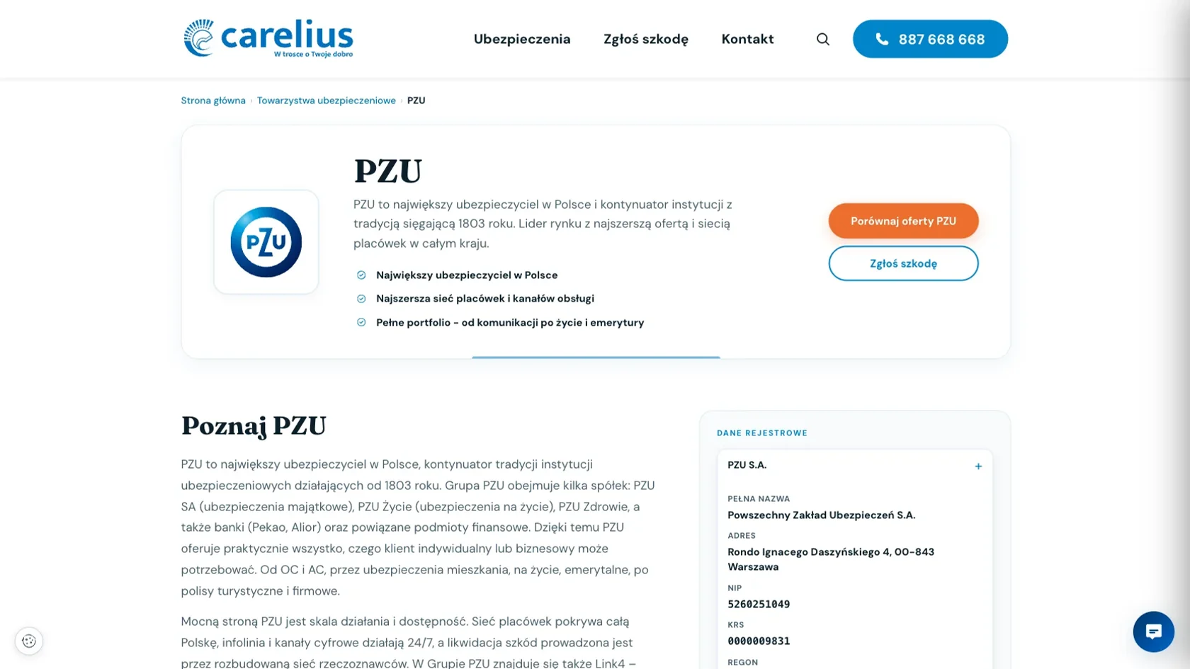 Carelius Ubezpieczenia - strona towarzystwa ubezpieczeniowego PZU