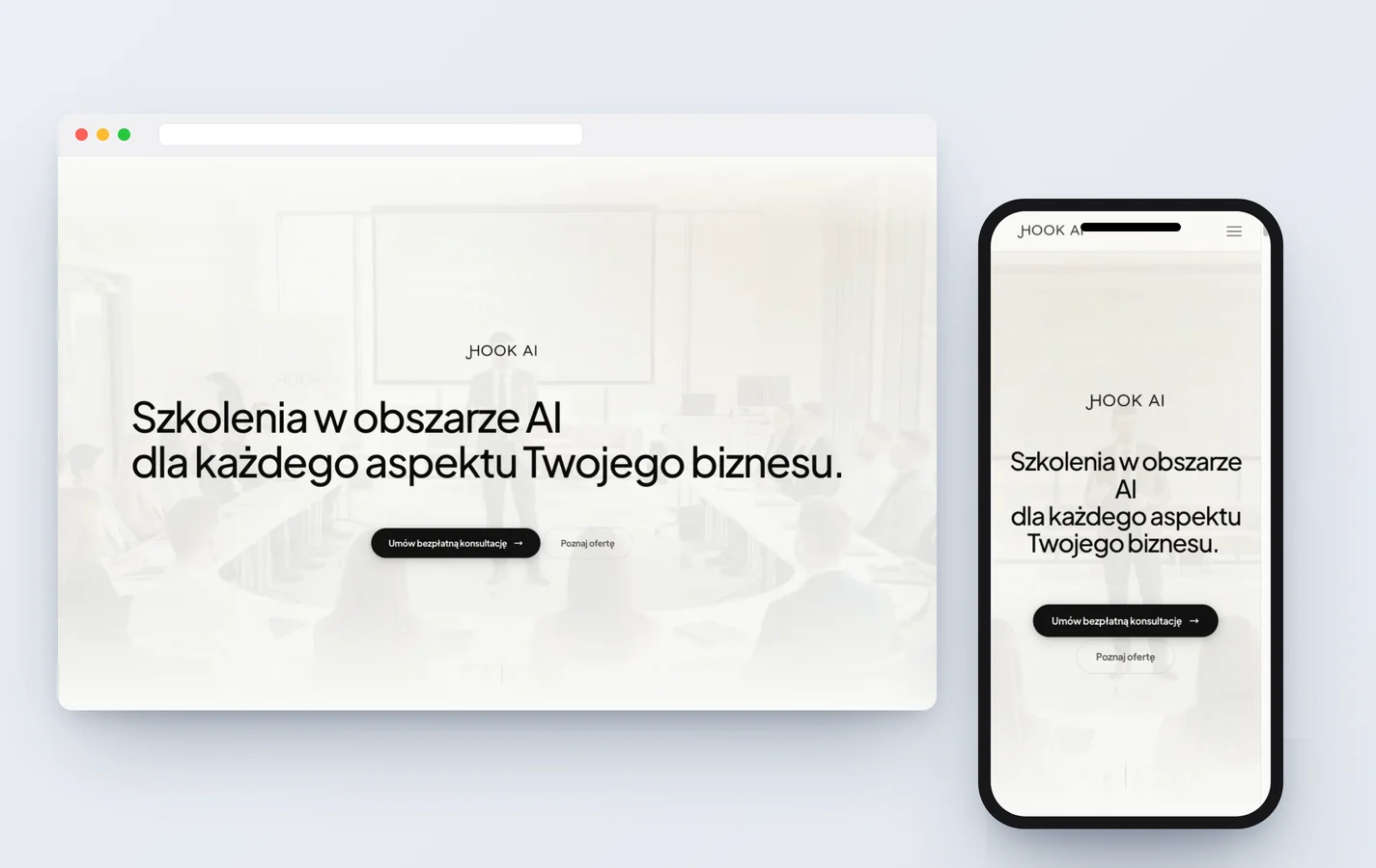 HOOK AI - strona w pełni responsywna, widok na telefonie