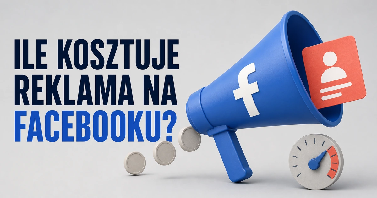 Niebieski megafon Facebooka zamieniający budżet reklamowy w kontakt od klienta.