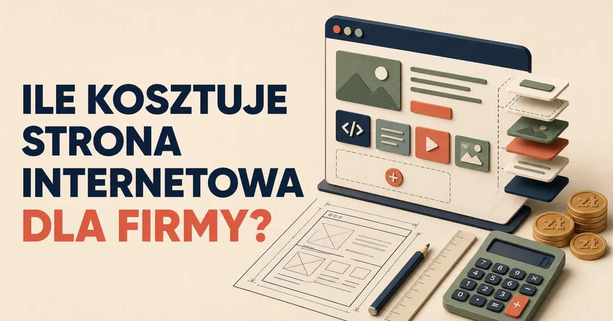 Biurko z kalkulatorem i szkicem układu strony internetowej, obrazujące wycenę kosztu strony dla firmy.