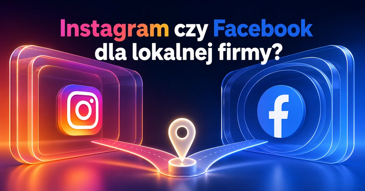 Szklane portale Instagrama i Facebooka połączone z lokalną pinezką wyboru platformy.