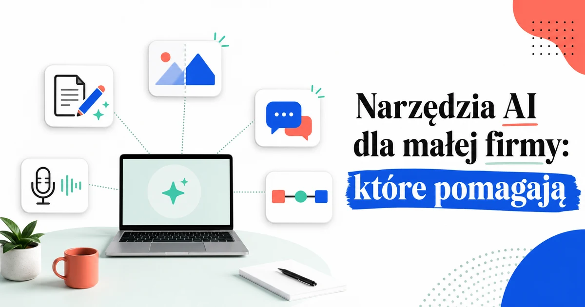 Laptop małej firmy otoczony ikonami narzędzi AI do tekstu, grafiki, nagrań, wiadomości i automatyzacji.