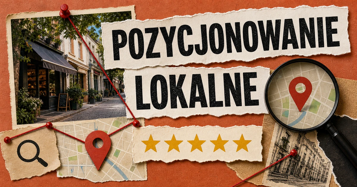 Kolaż lokalnego SEO z mapą, pinezkami, lupą, zdjęciem ulicy i dokładnie pięcioma gwiazdkami opinii.