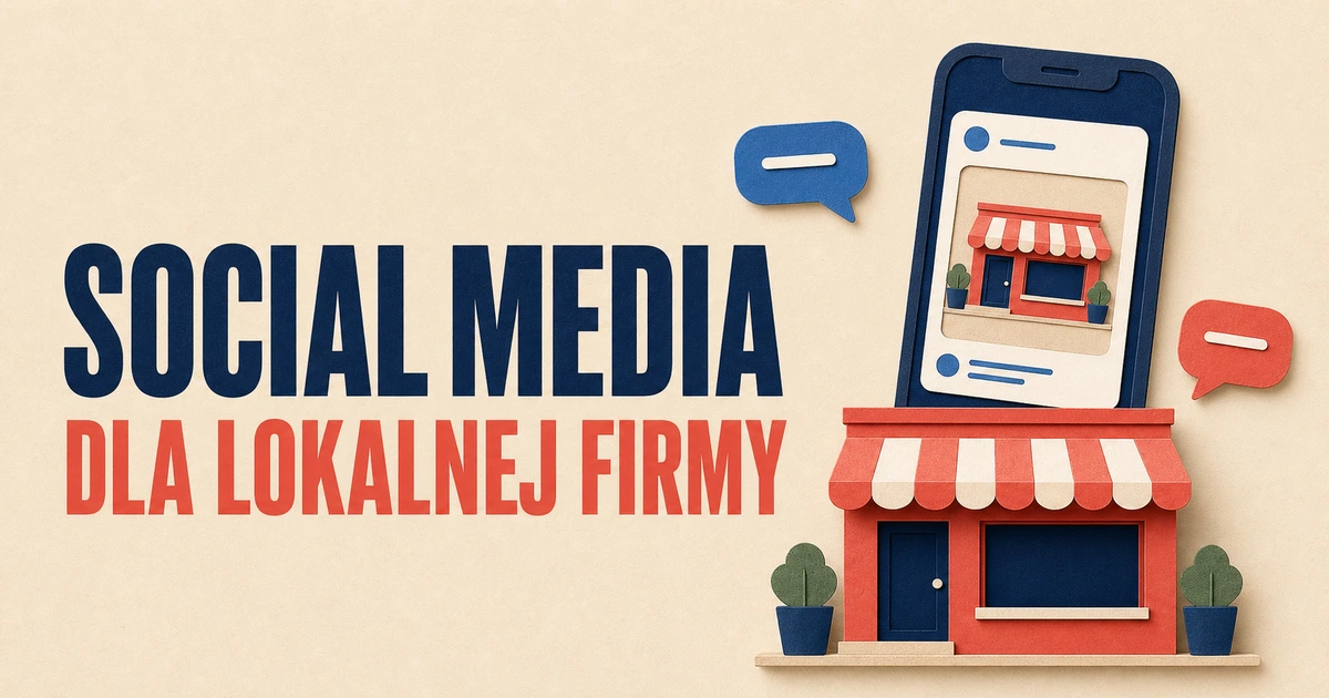 Papierowa ilustracja lokalnego sklepu, telefonu z postem oraz dwóch prostych dymków wiadomości.