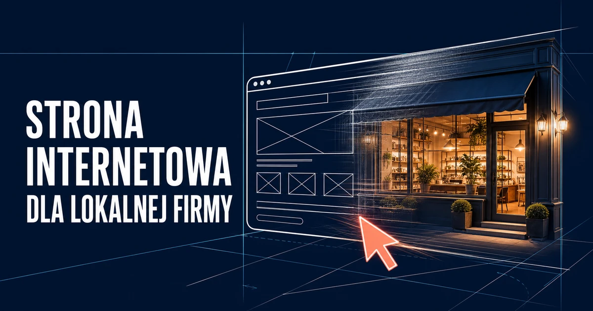 Projekt strony internetowej przechodzący z technicznego szkicu w oświetlony lokal usługowy.