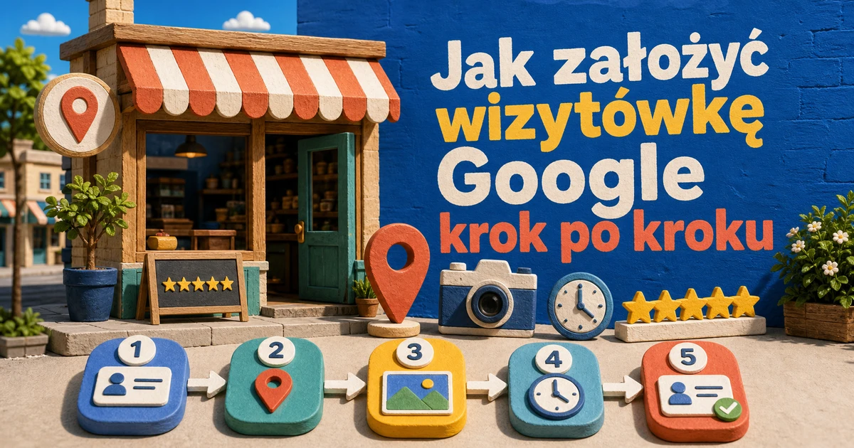Kolorowa makieta lokalnego sklepu i pięć numerowanych kroków prowadzących do gotowej wizytówki Google.